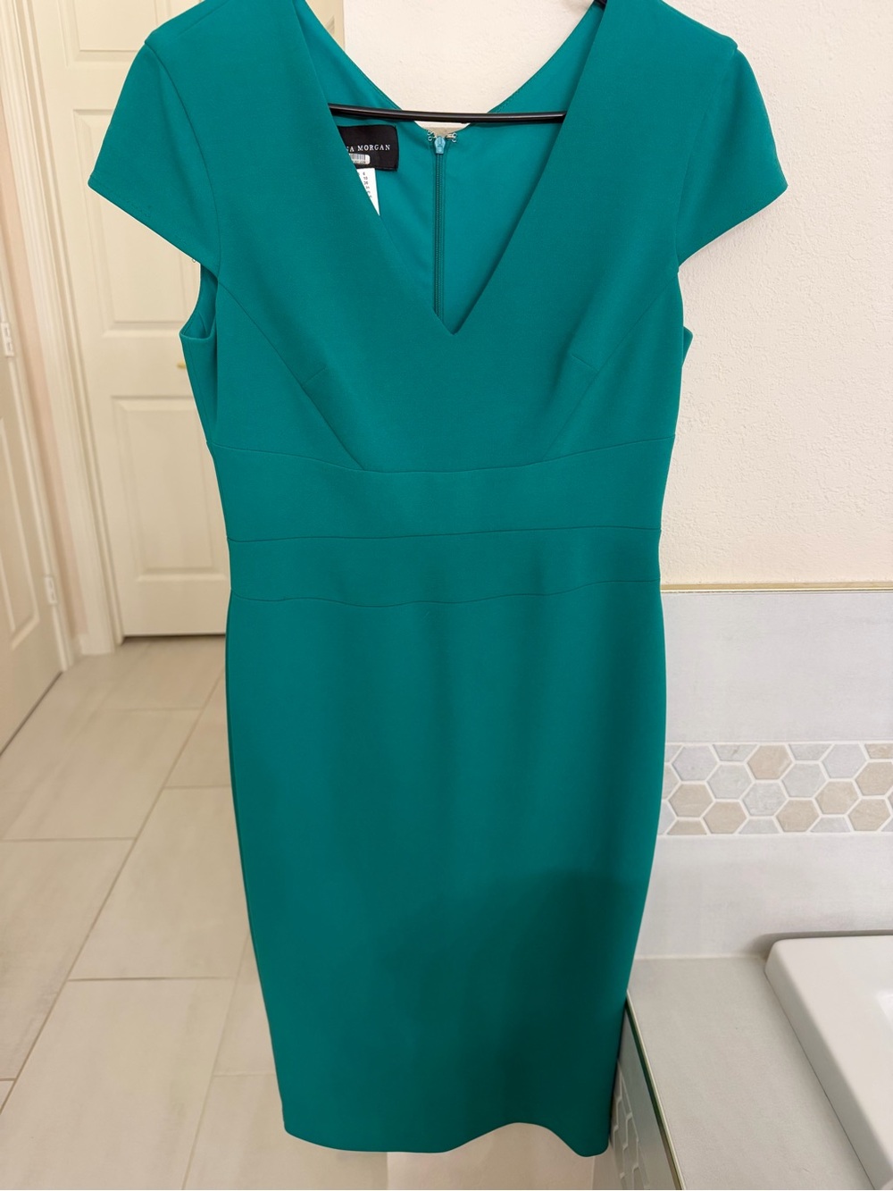 Donna Morgan Teal V-Neck Midi Sheath Dress